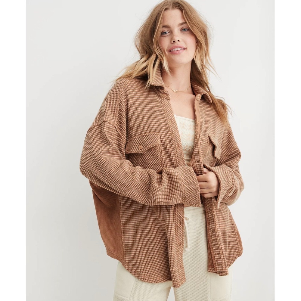 Aerie LumberJane Waffle Knit Shacket Oversized Button Down Shirt Brown Small